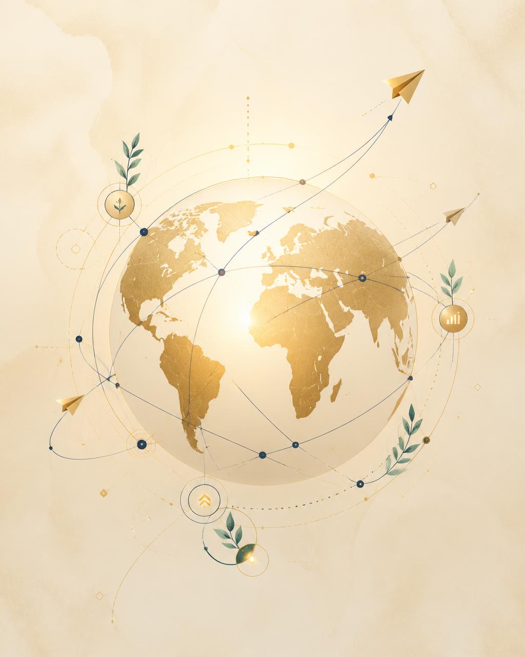 Editorial illustration of a golden globe connected by elegant lines representing global entrepreneurship, digital connectivity and opportunity without borders